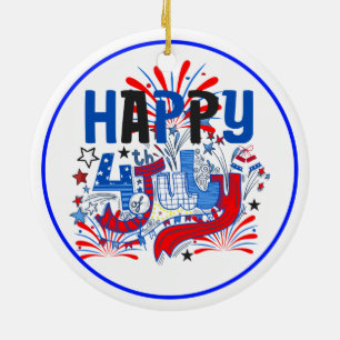 Patriotic Happy 4th of July Celebration Design Ceramic Ornament