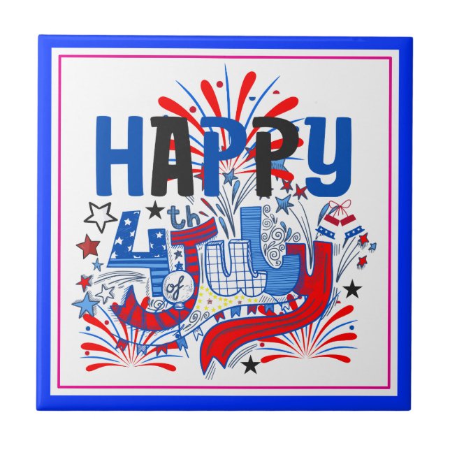 Patriotic Happy 4th of July Celebration Design Ceramic Tile (Front)