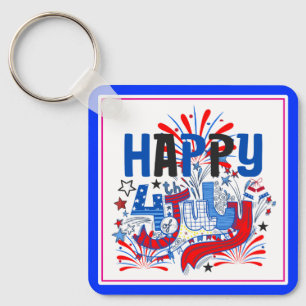 Patriotic Happy 4th of July Celebration Design Key Ring