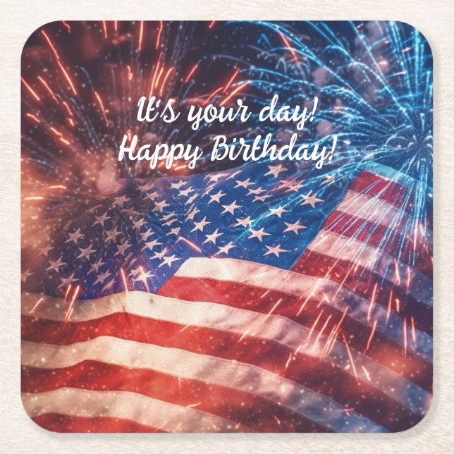 Patriotic Happy Birthday Square Paper Coaster (Front)