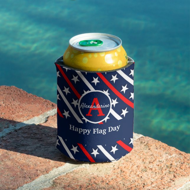 Patriotic Happy Flag day Red White and Blue stripe Can Cooler (In Situ Pool)