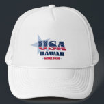 Patriotic Hawaii Typography Trucker Hat<br><div class="desc">Hawaii trucker hat. A bold typography design with a blue star that highlights the US state of Hawaii,  its year of statehood in 1959,  and the initials of the USA infused with the stars and stripes of the American flag. It makes a wonderful patriotic gift or souvenir.</div>