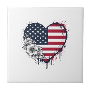 Patriotic Heart Floral Vintage Engraving Design_1 Ceramic Tile