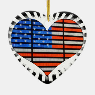 Patriotic Heart Shaped American Flag Neon Ceramic Ornament