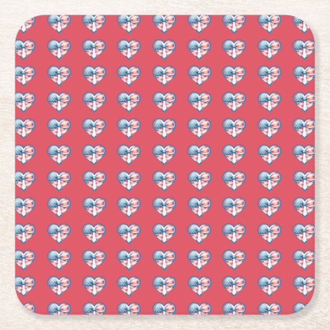 Patriotic Heart Square Paper Coaster (Front)