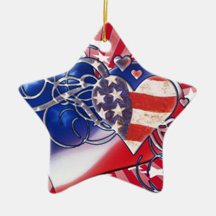 PATRIOTIC HEART STARBURST 4TH OF JULY CERAMIC TREE DECORATION