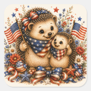 Patriotic Hedgehog Mum and Baby Watercolor Art Square Sticker