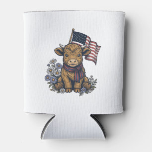 Patriotic Highland Calf with Flag Vintage Vector_1 Can Cooler