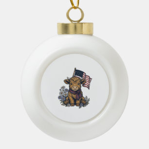 Patriotic Highland Calf with Flag Vintage Vector_1 Ceramic Ball Christmas Ornament