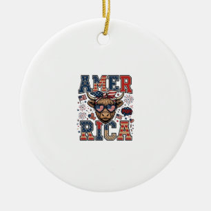Patriotic Highland Cow America 4th of July Shirt_1 Ceramic Ornament