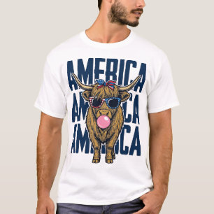 Patriotic Highland Cow America Vintage T-Shirt Des