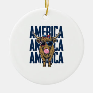Patriotic Highland Cow America Vintage T-Shirt Des Ceramic Ornament