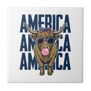 Patriotic Highland Cow America Vintage T-Shirt Des Ceramic Tile