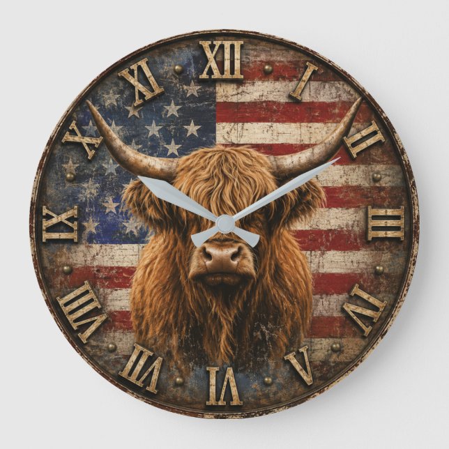 Patriotic Highland Cow American Flag Rustic  Large Clock (Front)