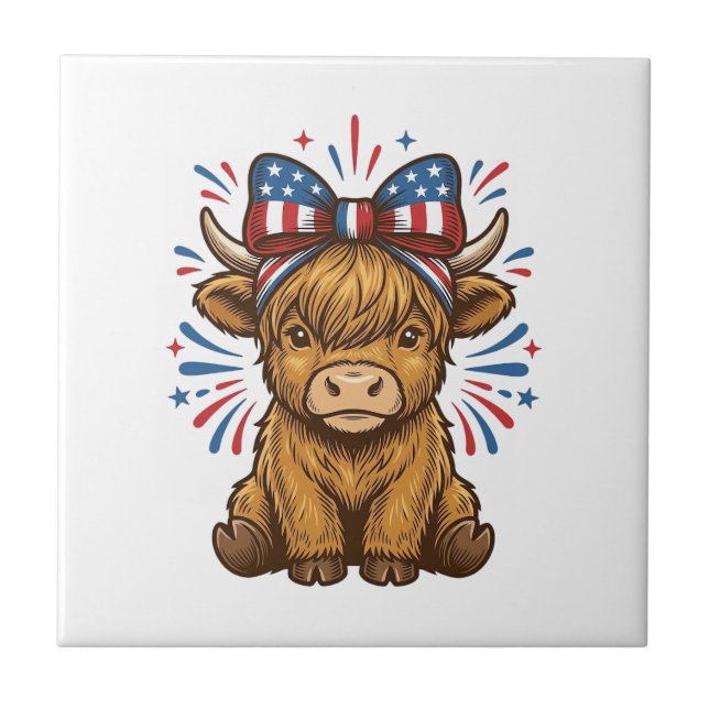 Patriotic Highland Cow Bow Vector Design (2)_1 Ceramic Tile (Front)