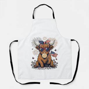 Patriotic Highland Cow Bubblegum Vintage Engraving Apron