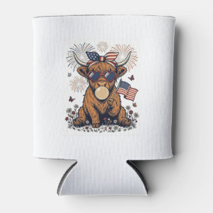 Patriotic Highland Cow Bubblegum Vintage Engraving Can Cooler