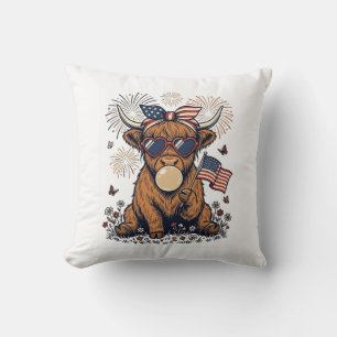 Patriotic Highland Cow Bubblegum Vintage Engraving Cushion