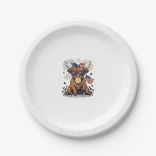 Patriotic Highland Cow Bubblegum Vintage Engraving Paper Plate