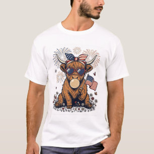 Patriotic Highland Cow Bubblegum Vintage Engraving T-Shirt