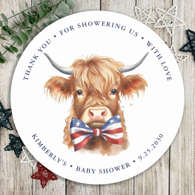 Patriotic Highland Cow Farm Animal Baby Shower Classic Round Sticker (Creator Uploaded)
