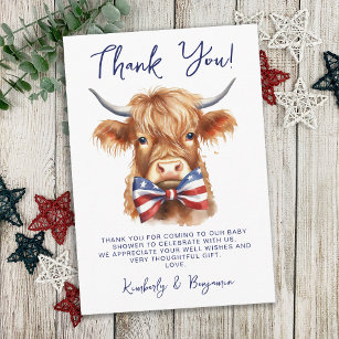 Patriotic Highland Cow Farm Animal Baby Shower Thank You Card