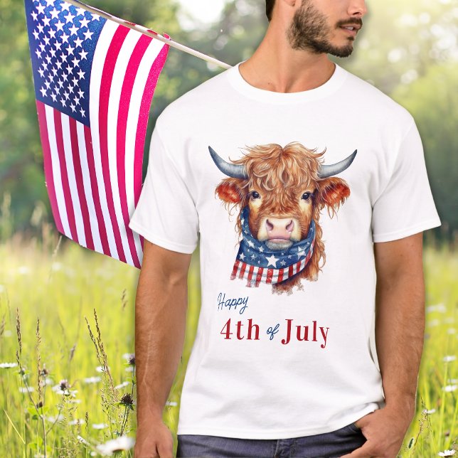Patriotic Highland Cow USA Flag Happy 4th Of July T-Shirt (Creator Uploaded)