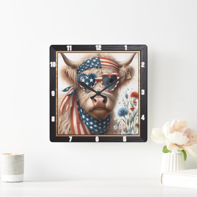 Patriotic Highland Cow USA Flag Square Wall Clock (Home)
