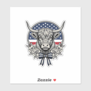 Patriotic Highland Cow Vintage Engraving Art_1