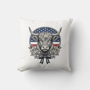 Patriotic Highland Cow Vintage Engraving Art_1 Cushion