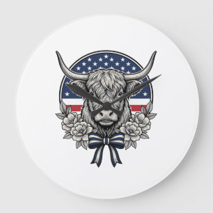 Patriotic Highland Cow Vintage Engraving Art_1 Large Clock