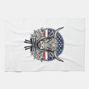 Patriotic Highland Cow Vintage Engraving Art_1 Tea Towel