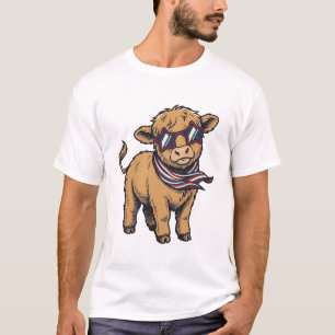 Patriotic Highland Cow Vintage Engraving Cute Calf T-Shirt