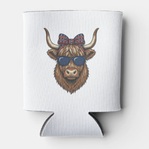 Patriotic Highland Cow Vintage Engraving Design_1 Can Cooler