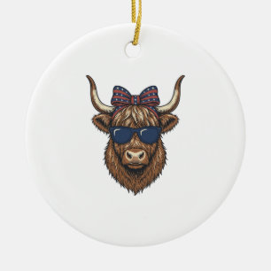 Patriotic Highland Cow Vintage Engraving Design_1 Ceramic Ornament