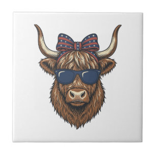 Patriotic Highland Cow Vintage Engraving Design_1 Ceramic Tile
