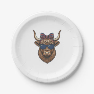 Patriotic Highland Cow Vintage Engraving Design_1 Paper Plate
