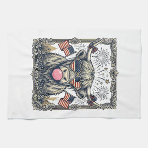 Patriotic Highland Cow Vintage Engraving Design_1 Tea Towel