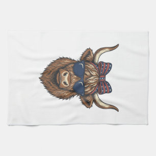 Patriotic Highland Cow Vintage Engraving Design_1 Tea Towel