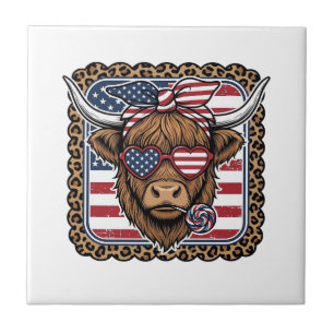 Patriotic Highland Cow Vintage Engraving Design (2 Ceramic Tile