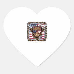 Patriotic Highland Cow Vintage Engraving Design (2 Heart Sticker