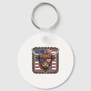 Patriotic Highland Cow Vintage Engraving Design (2 Key Ring