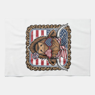 Patriotic Highland Cow Vintage Engraving Design (2 Tea Towel