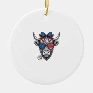 Patriotic Highland Cow Vintage Engraving Shirt_1 Ceramic Ornament