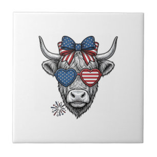 Patriotic Highland Cow Vintage Engraving Shirt_1 Ceramic Tile
