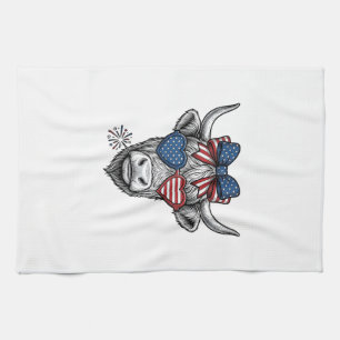 Patriotic Highland Cow Vintage Engraving Shirt_1 Tea Towel