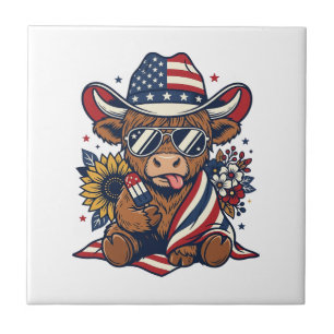 Patriotic Highland Cow Vintage Engraving Shirt Des Ceramic Tile