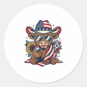Patriotic Highland Cow Vintage Engraving Shirt Des Classic Round Sticker