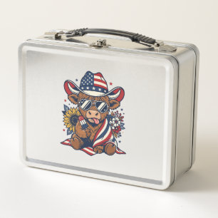 Patriotic Highland Cow Vintage Engraving Shirt Des Metal Lunch Box