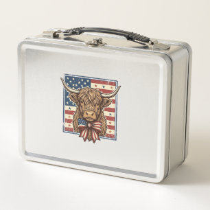 Patriotic Highland Cow Vintage Engraving Shirt Des Metal Lunch Box